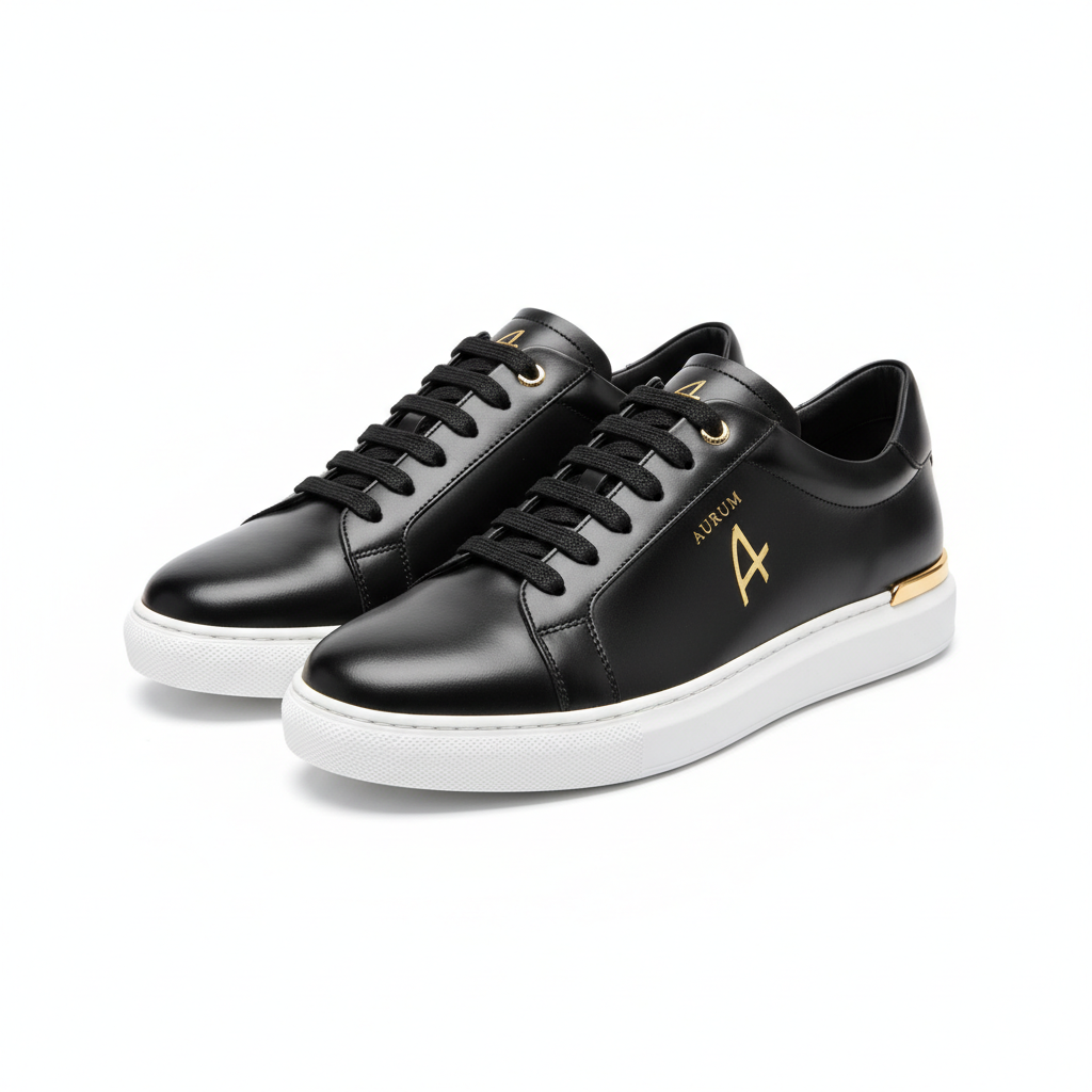 Achikrukru Signature Leather Sneaker in All Black with gold branding