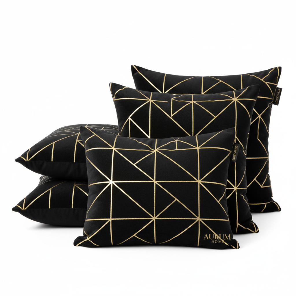 Achikrukru Velvet Cushion Cover Set - Black with Gold Geometric Pattern