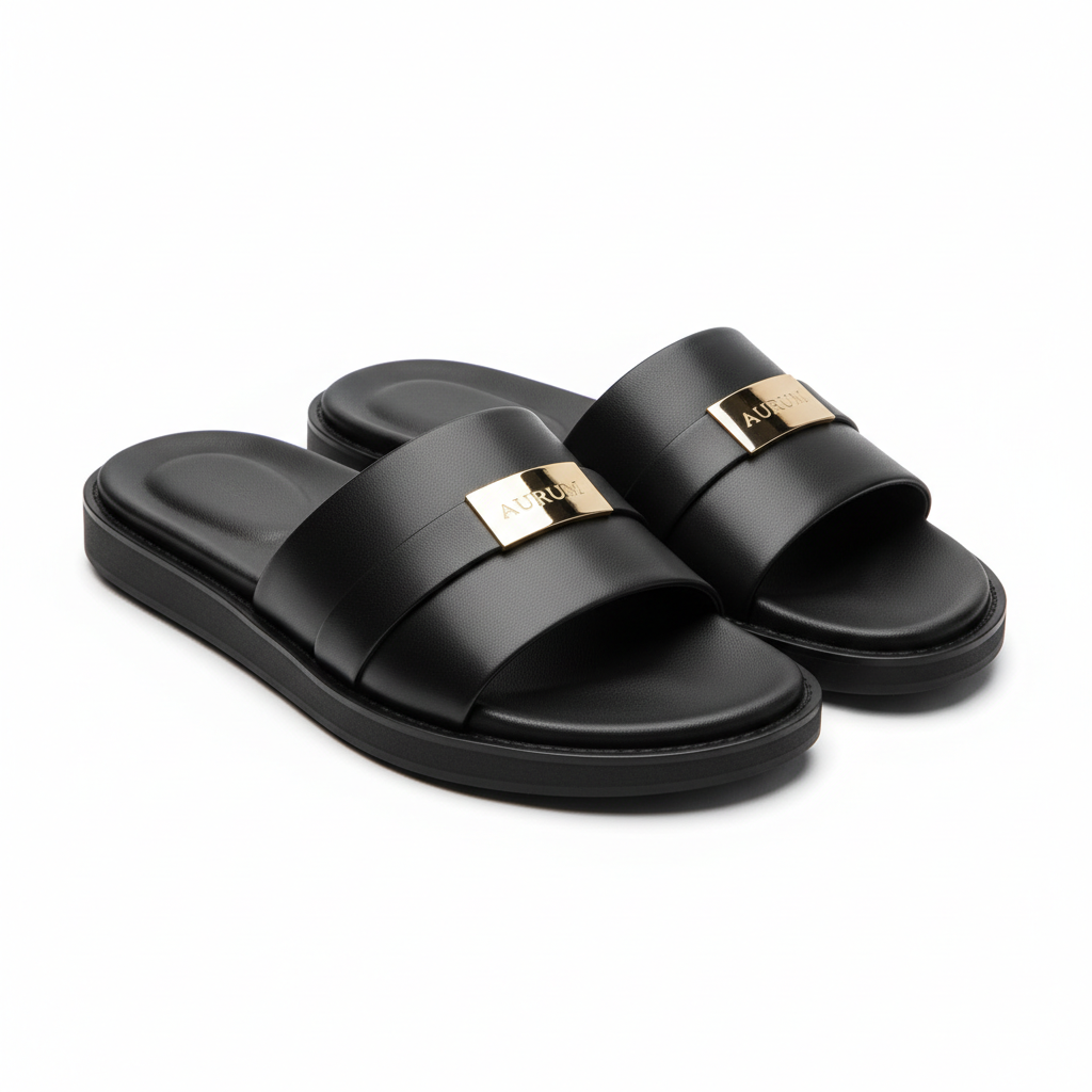 Achikrukru Luxe Leather Slipper in All Black with gold branding