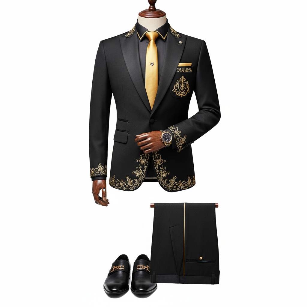 Achikrukru Signature Slim-Fit Suit in Jet Black with gold-tone buttons