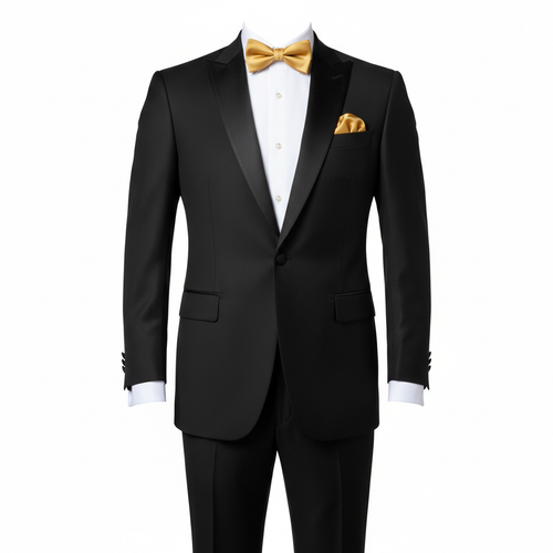 Achikrukru Black Tuxedo with gold bow tie and pocket square