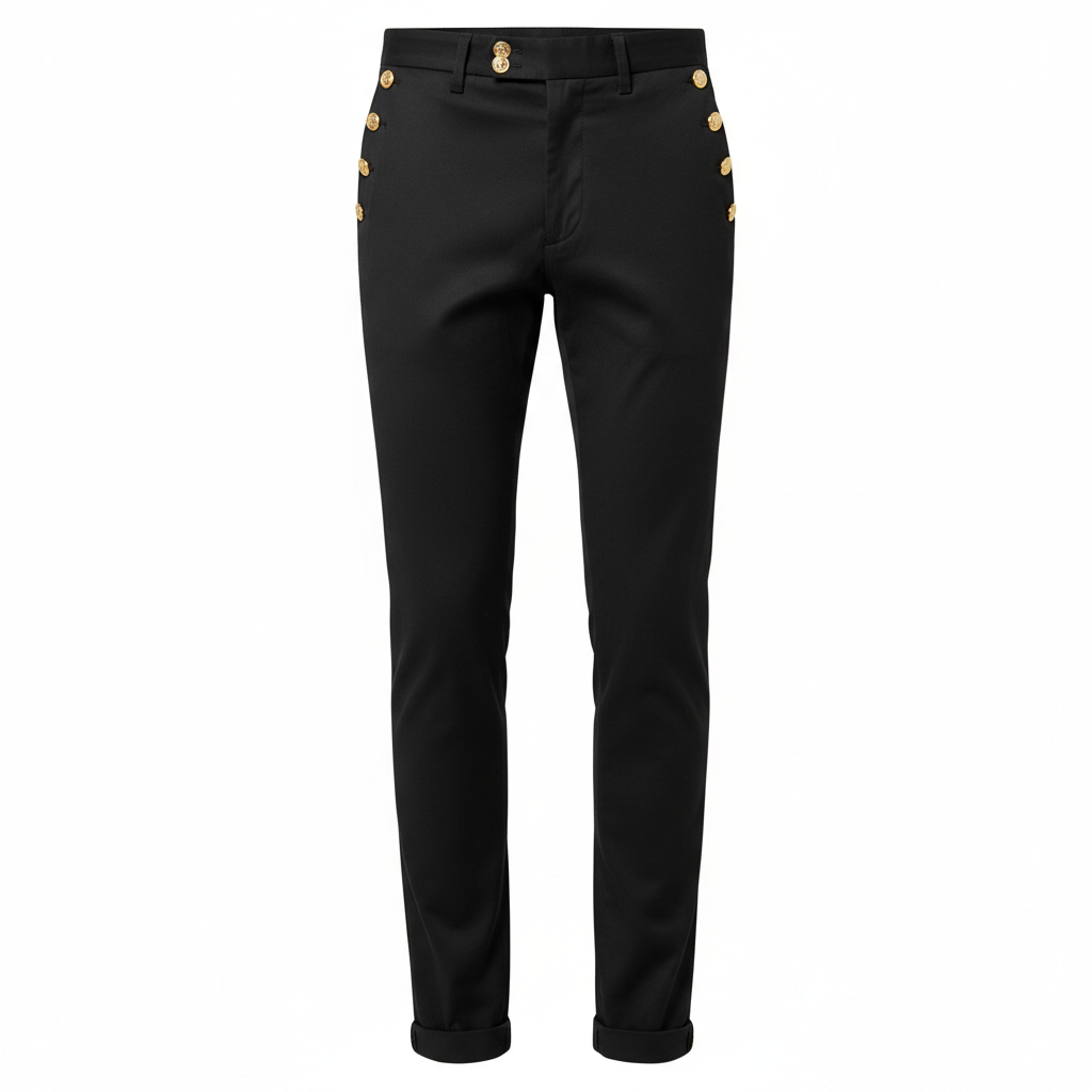 Achikrukru Tailored Slim Chino in black with gold-tone button detail
