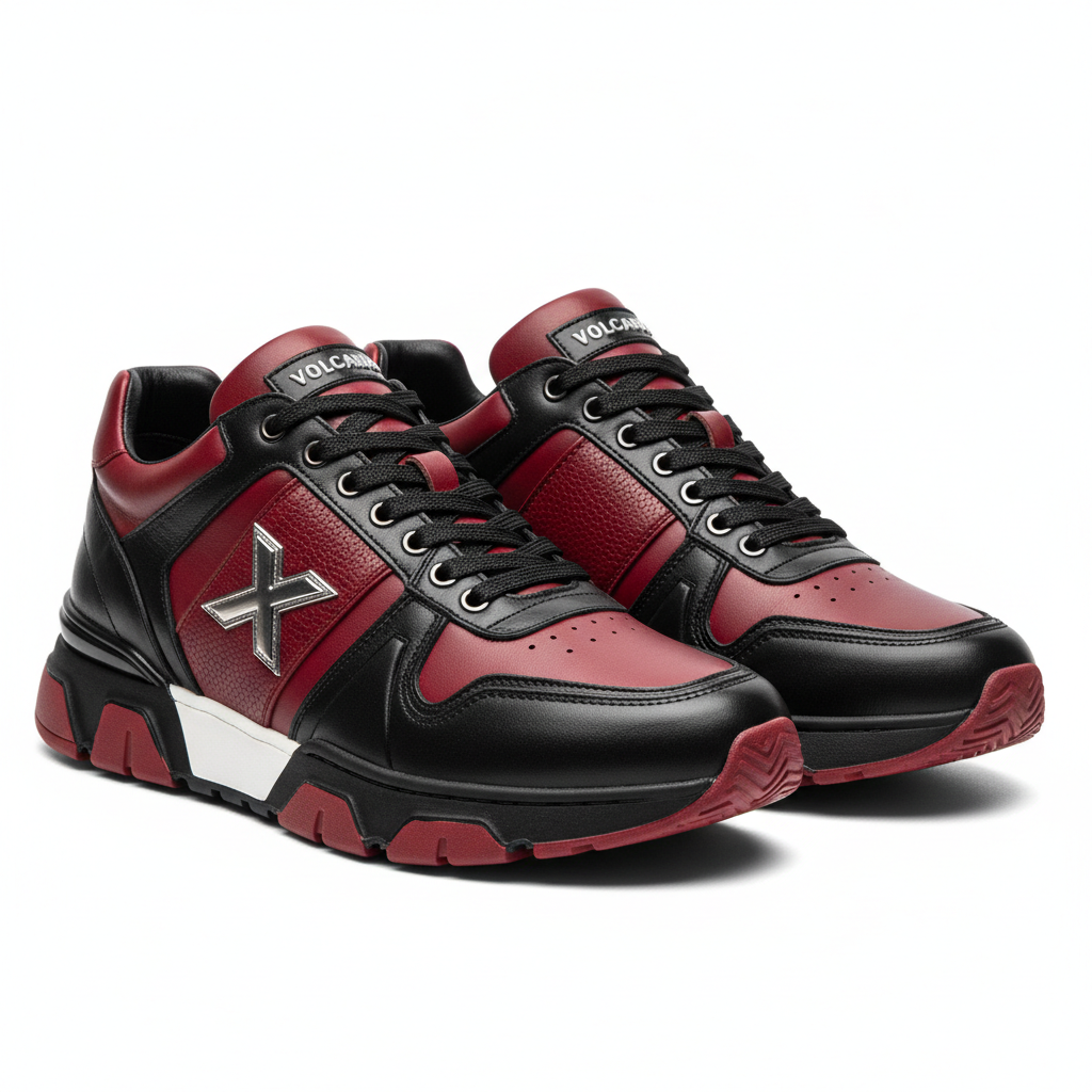 Achikrukru Signature Leather Sneaker in Black and Red with gold branding